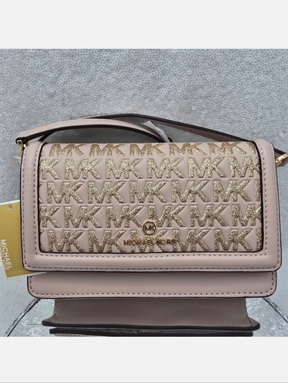 Michael Kors Jet Charm Leather Phone Crossbody Soft Pink w Gold Glitter Logo